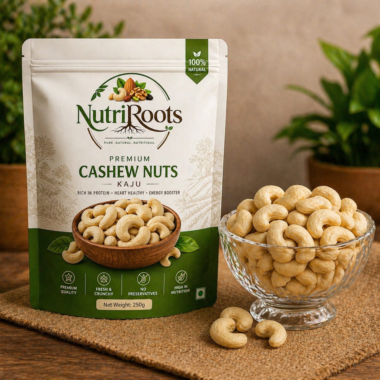 NutriRoots Premium Cashew Nuts  250g | Fresh & Crunchy | 100% Natural Dry Fruits